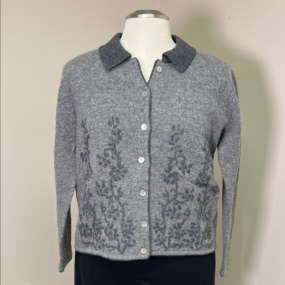 Karen Scott Pure Wool Gray Collared Button Front Embroidered Cardigan Blazer L